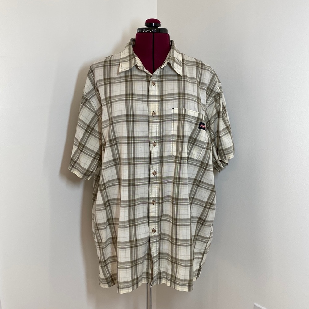Men’s beige brown gray Dickies western style plaid button up shirt XXL 2XL
